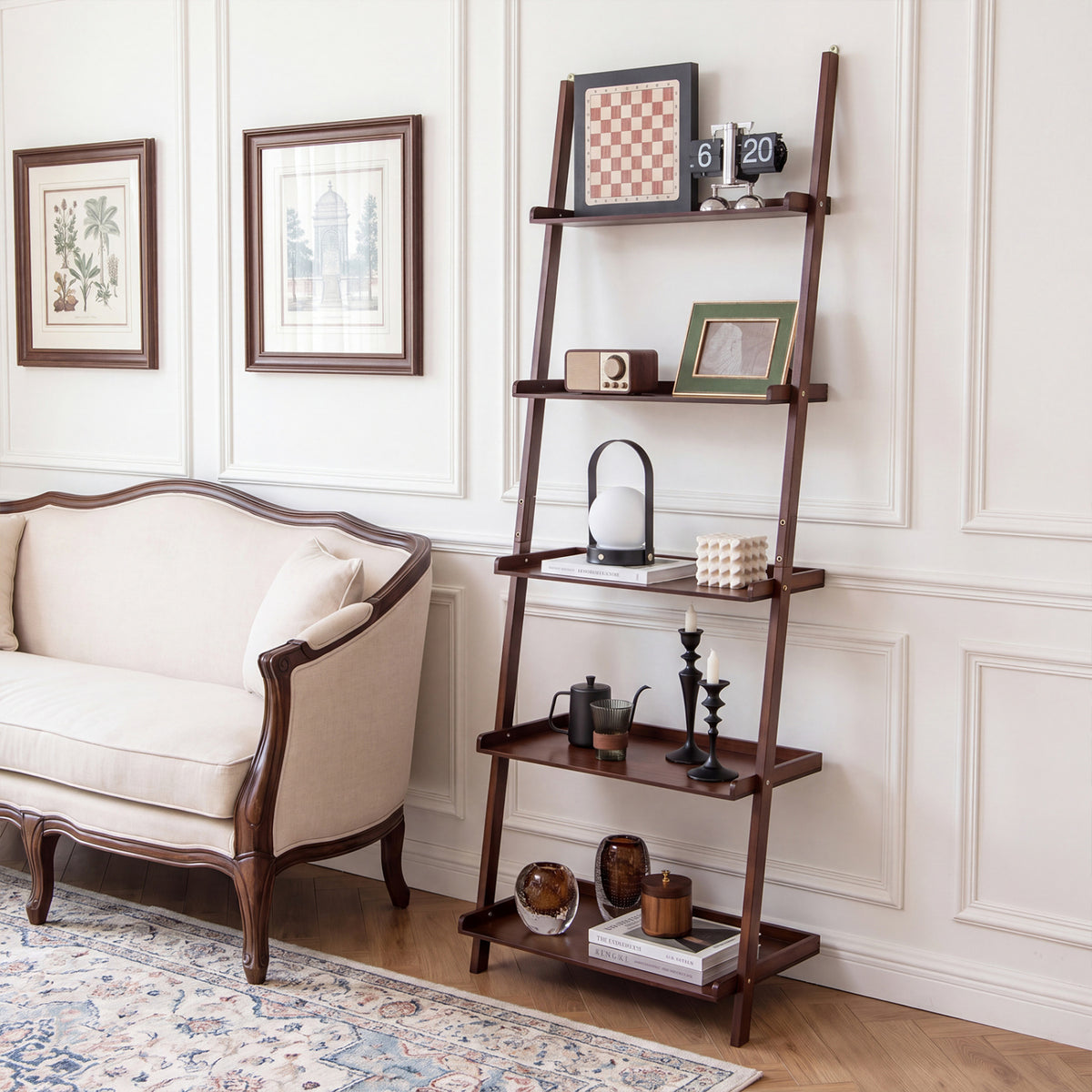 5-Tier Ladder Shelf Bamboo Bookshelf Wall-Leaning Storage Display Plant Stand-Walnut-Bookcases-DECOROLALA
