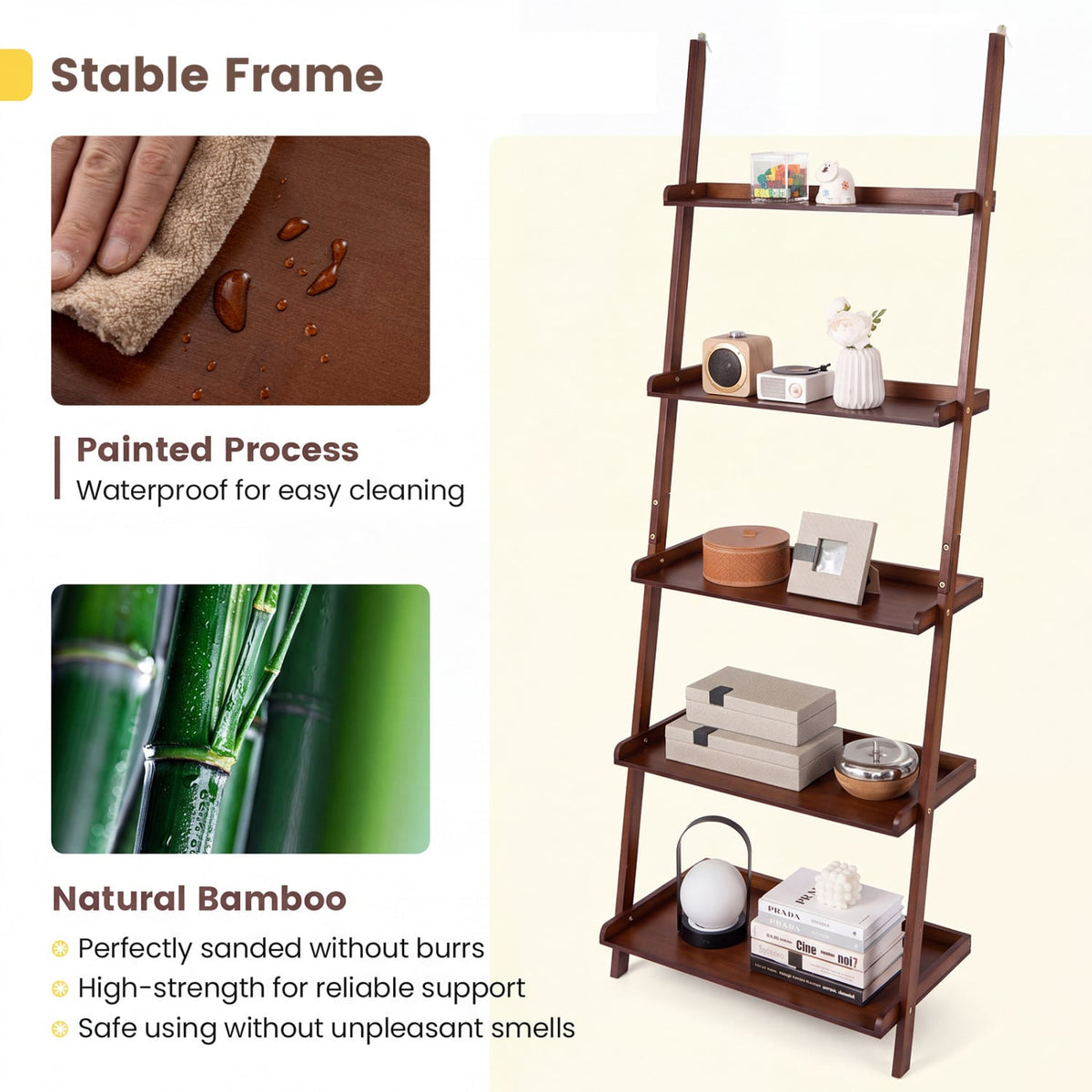 5-Tier Ladder Shelf Bamboo Bookshelf Wall-Leaning Storage Display Plant Stand-Walnut-Bookcases-DECOROLALA