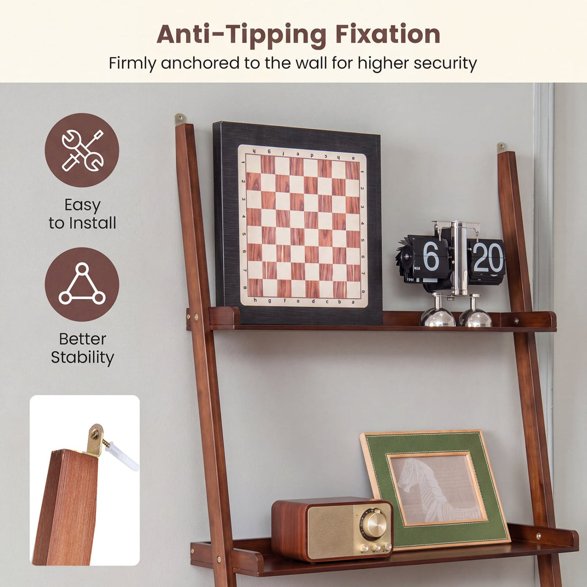 5-Tier Ladder Shelf Bamboo Bookshelf Wall-Leaning Storage Display Plant Stand-Walnut-Bookcases-DECOROLALA
