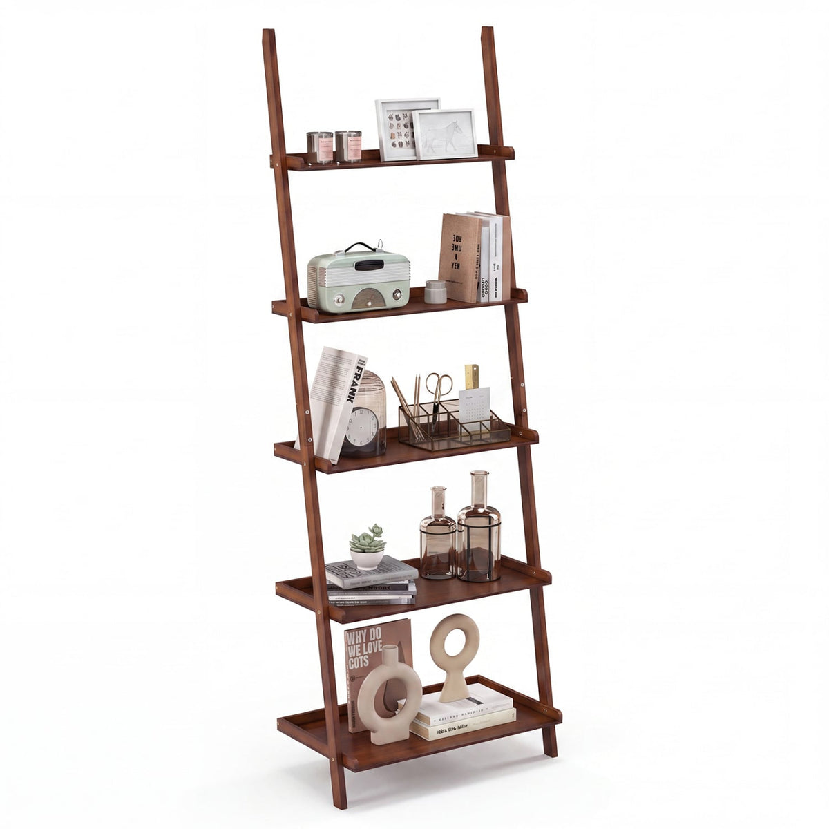 5-Tier Ladder Shelf Bamboo Bookshelf Wall-Leaning Storage Display Plant Stand-Walnut-Bookcases-DECOROLALA