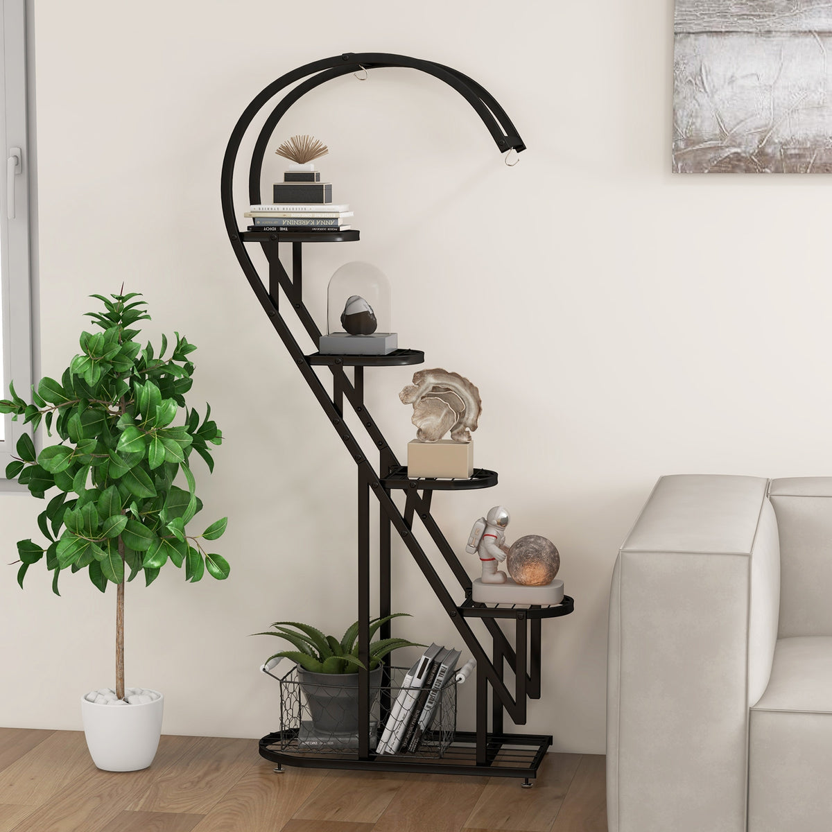 5 Tier Metal Plant Stand with Hanging Hook for Multiple Plants-Black-Plant Stands-DECOROLALA