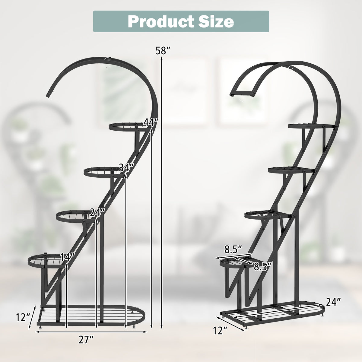 5 Tier Metal Plant Stand with Hanging Hook for Multiple Plants-Black-Plant Stands-DECOROLALA