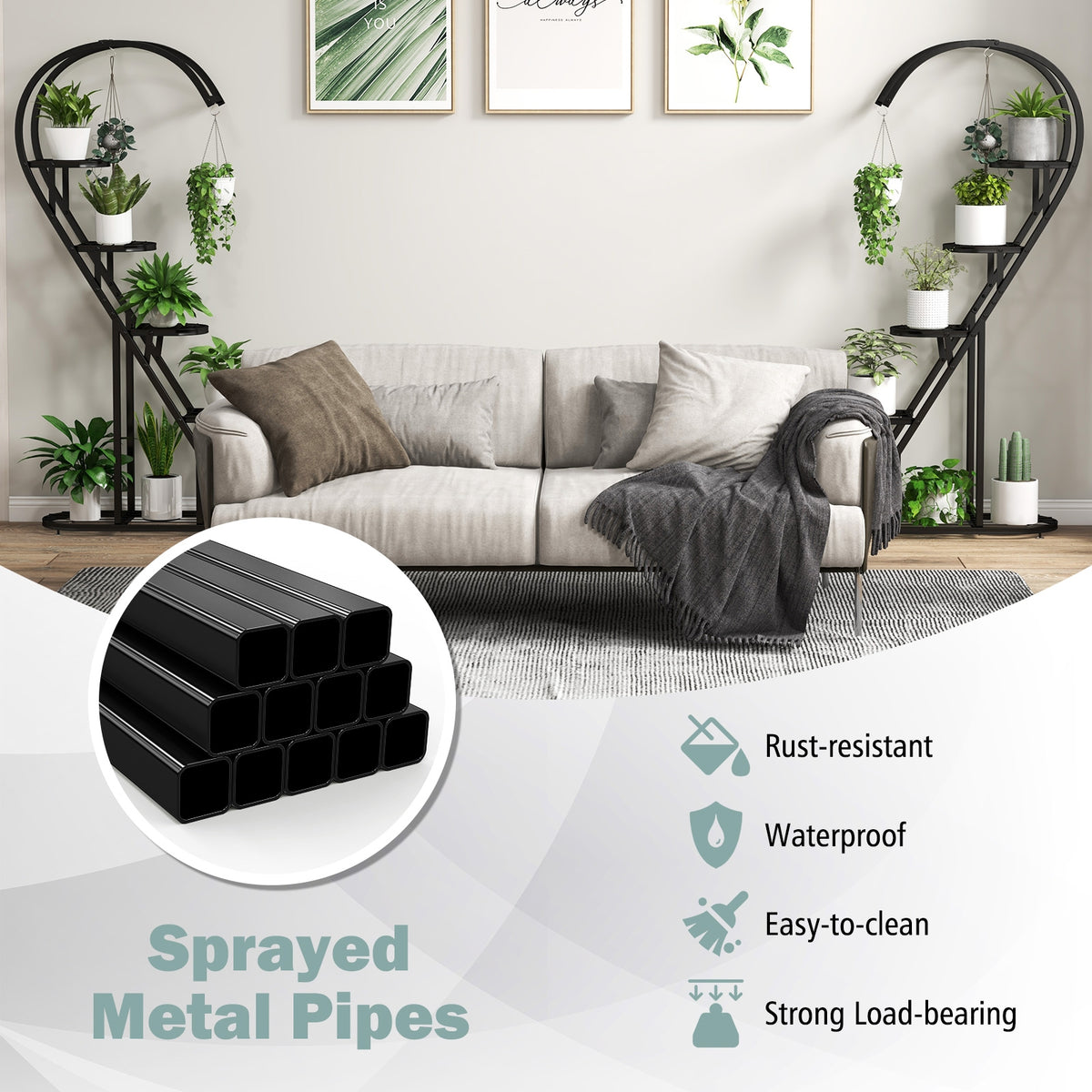 5 Tier Metal Plant Stand with Hanging Hook for Multiple Plants-Black-Plant Stands-DECOROLALA