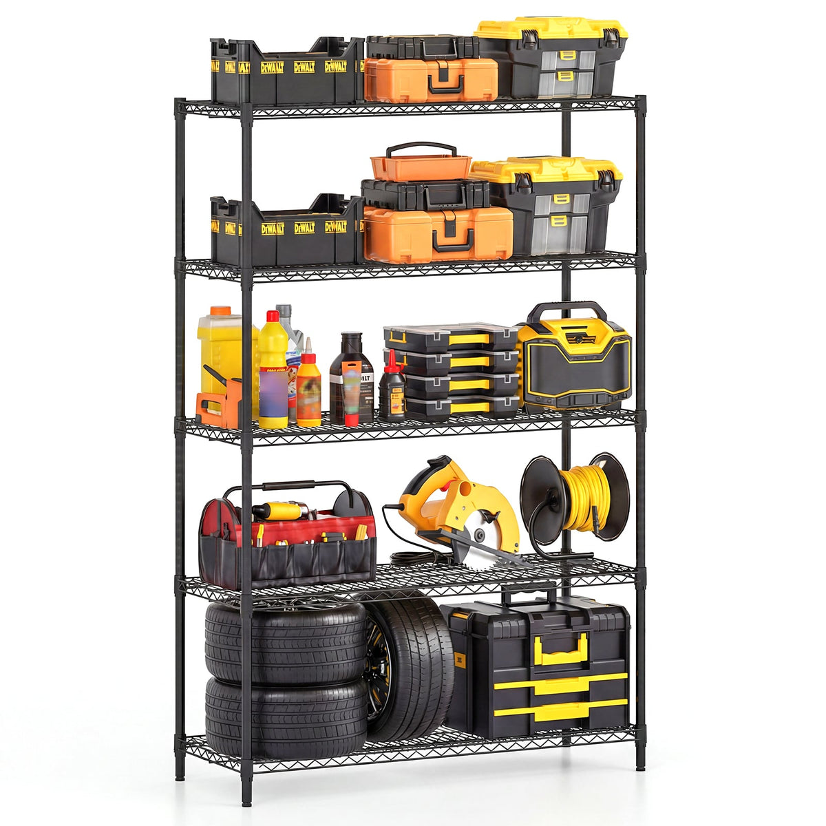 5-Tier Metal Storage Shelving Unit with V-Shaped Wire Rack-Black-Shelving-DECOROLALA