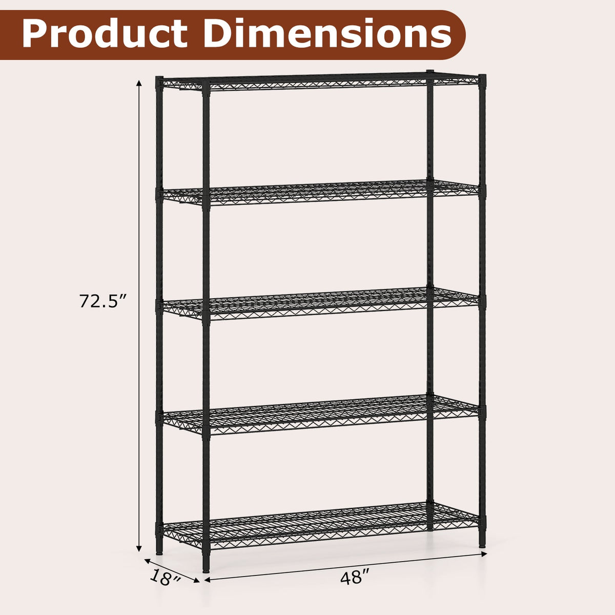 5-Tier Metal Storage Shelving Unit with V-Shaped Wire Rack-Black-Shelving-DECOROLALA