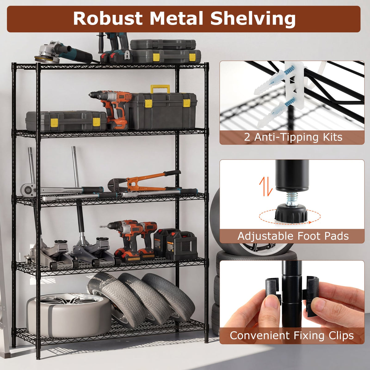 5-Tier Metal Storage Shelving Unit with V-Shaped Wire Rack-Black-Shelving-DECOROLALA