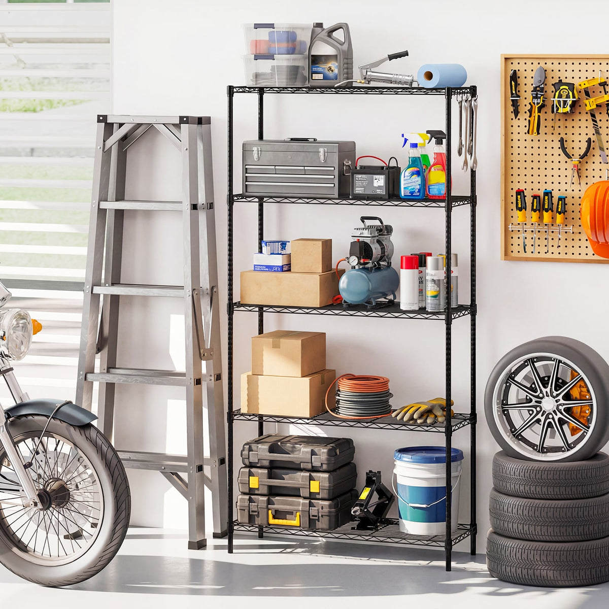 5-Tier Metal Storage Shelving Unit with V-Shaped Wire Rack and 1250 LBS Capacity-Black-Garages-DECOROLALA