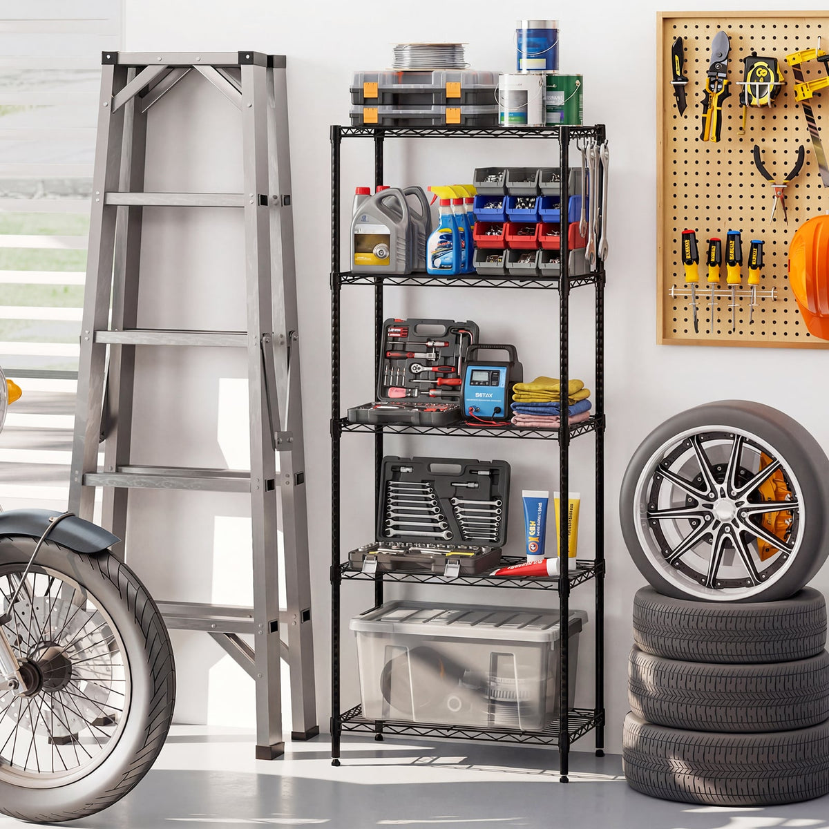 5-Tier Metal Storage Shelving Unit with V-Shaped Wire Rack and 750 LBS Capacity-Black-Garages-DECOROLALA