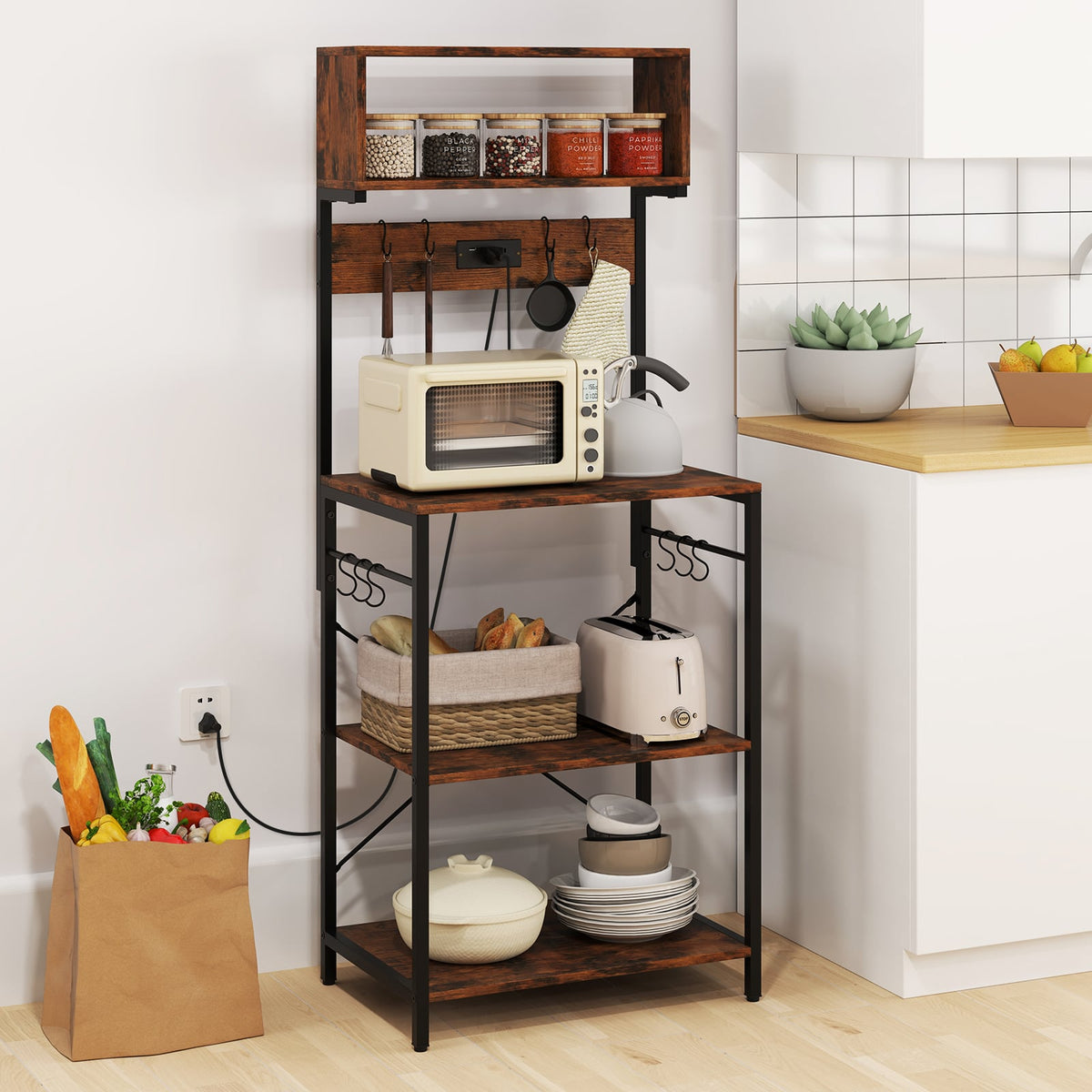 5-Tier Microwave Stand with Power Outlet and 10 S-shape Hooks-Rustic Brown-Baker’s Racks-DECOROLALA