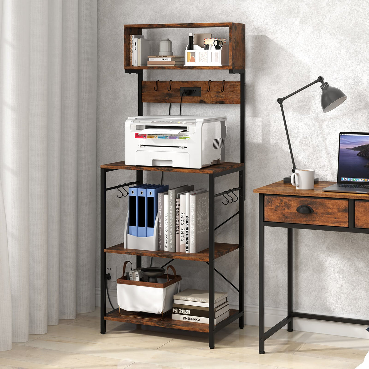 5-Tier Microwave Stand with Power Outlet and 10 S-shape Hooks-Rustic Brown-Baker’s Racks-DECOROLALA
