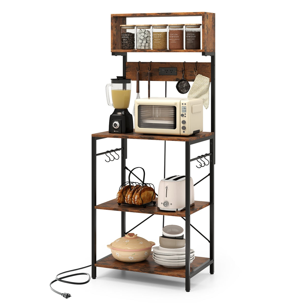 5-Tier Microwave Stand with Power Outlet and 10 S-shape Hooks-Rustic Brown-Baker’s Racks-DECOROLALA