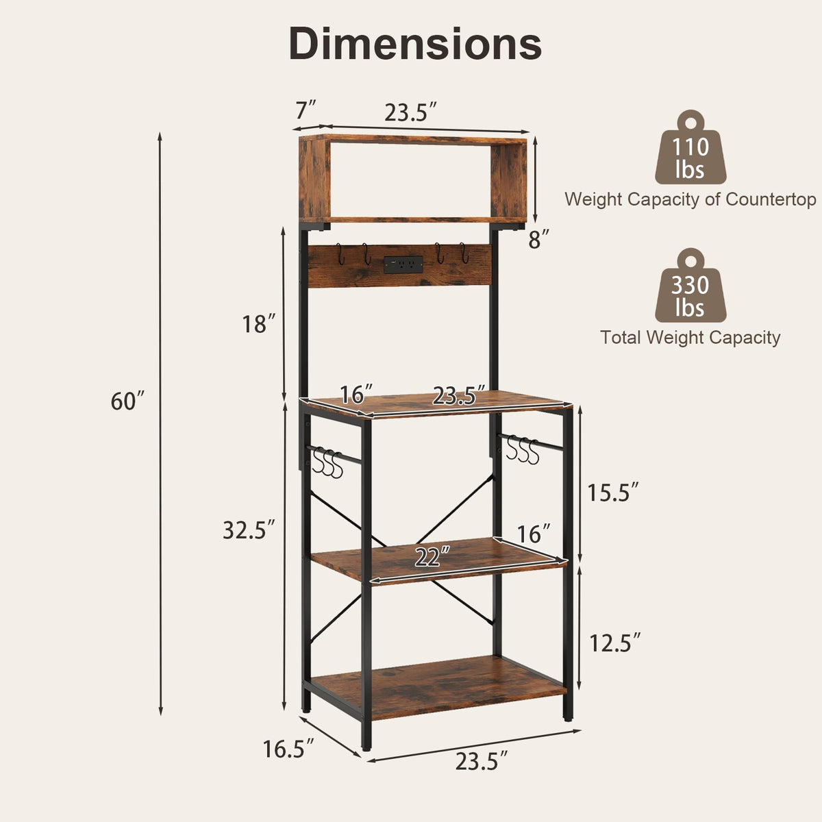 5-Tier Microwave Stand with Power Outlet and 10 S-shape Hooks-Rustic Brown-Baker’s Racks-DECOROLALA