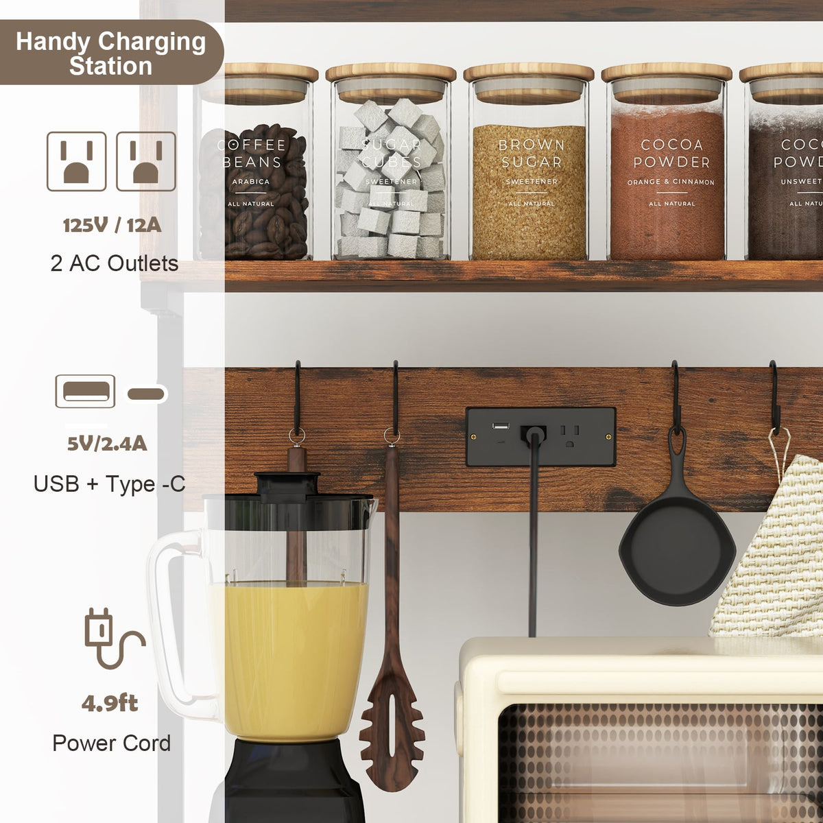 5-Tier Microwave Stand with Power Outlet and 10 S-shape Hooks-Rustic Brown-Baker’s Racks-DECOROLALA