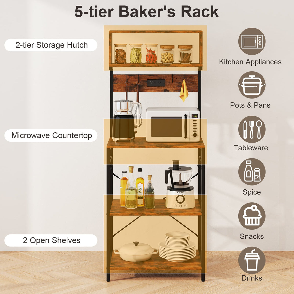 5-Tier Microwave Stand with Power Outlet and 10 S-shape Hooks-Rustic Brown-Baker’s Racks-DECOROLALA