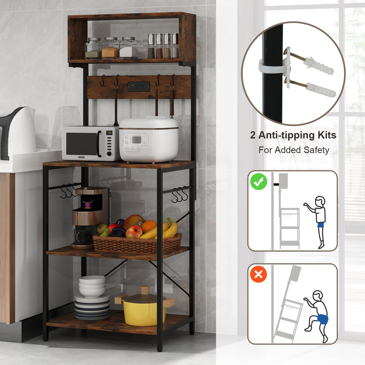 5-Tier Microwave Stand with Power Outlet and 10 S-shape Hooks-Rustic Brown-Baker’s Racks-DECOROLALA