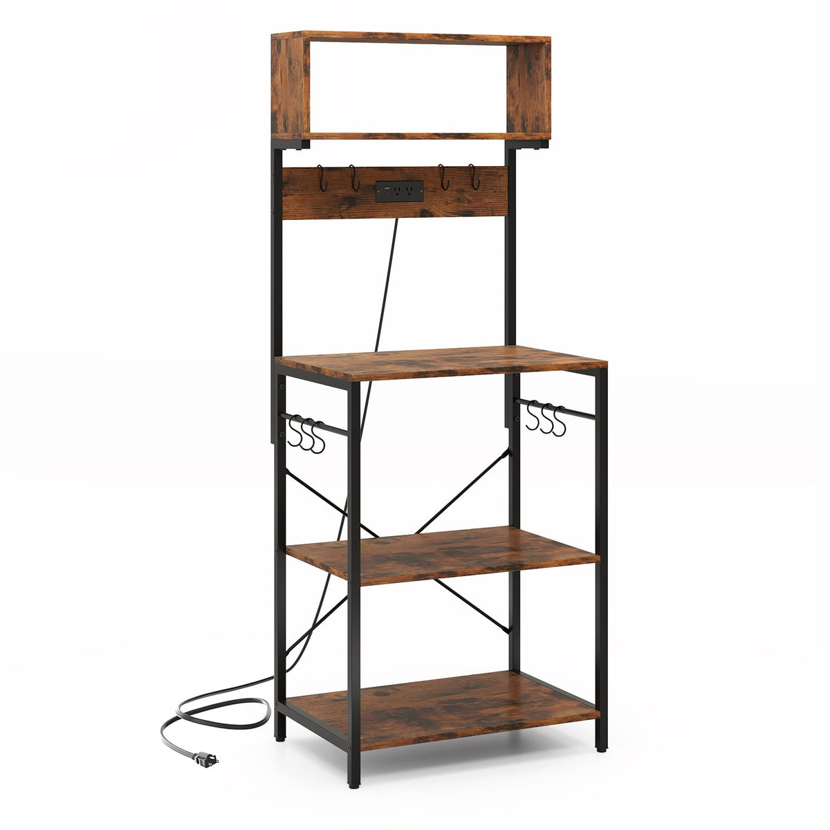 5-Tier Microwave Stand with Power Outlet and 10 S-shape Hooks-Rustic Brown-Baker’s Racks-DECOROLALA