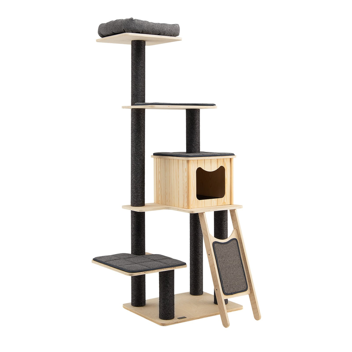 5-Tier Modern Wood Cat Tower with Washable Cushions-Gray-Cat Trees & Scratchers-DECOROLALA