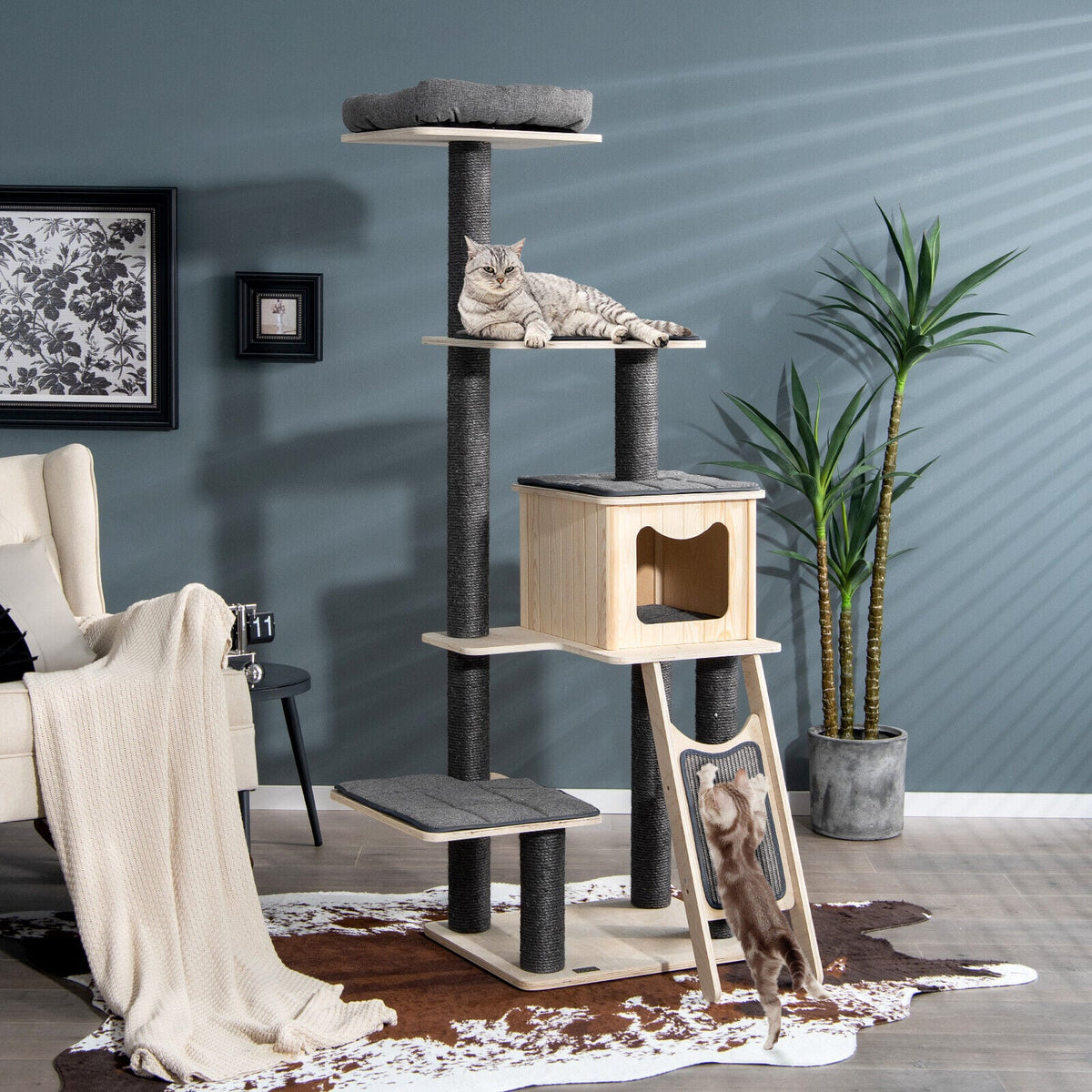 5-Tier Modern Wood Cat Tower with Washable Cushions-Gray-Cat Trees & Scratchers-DECOROLALA