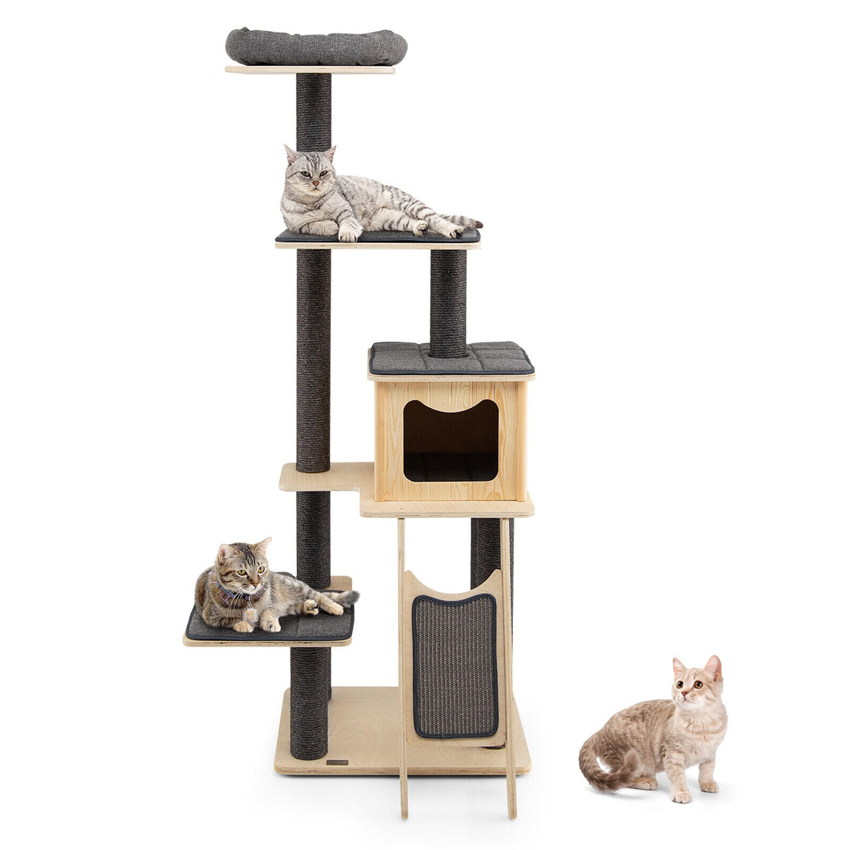 5-Tier Modern Wood Cat Tower with Washable Cushions-Gray-Cat Trees & Scratchers-DECOROLALA