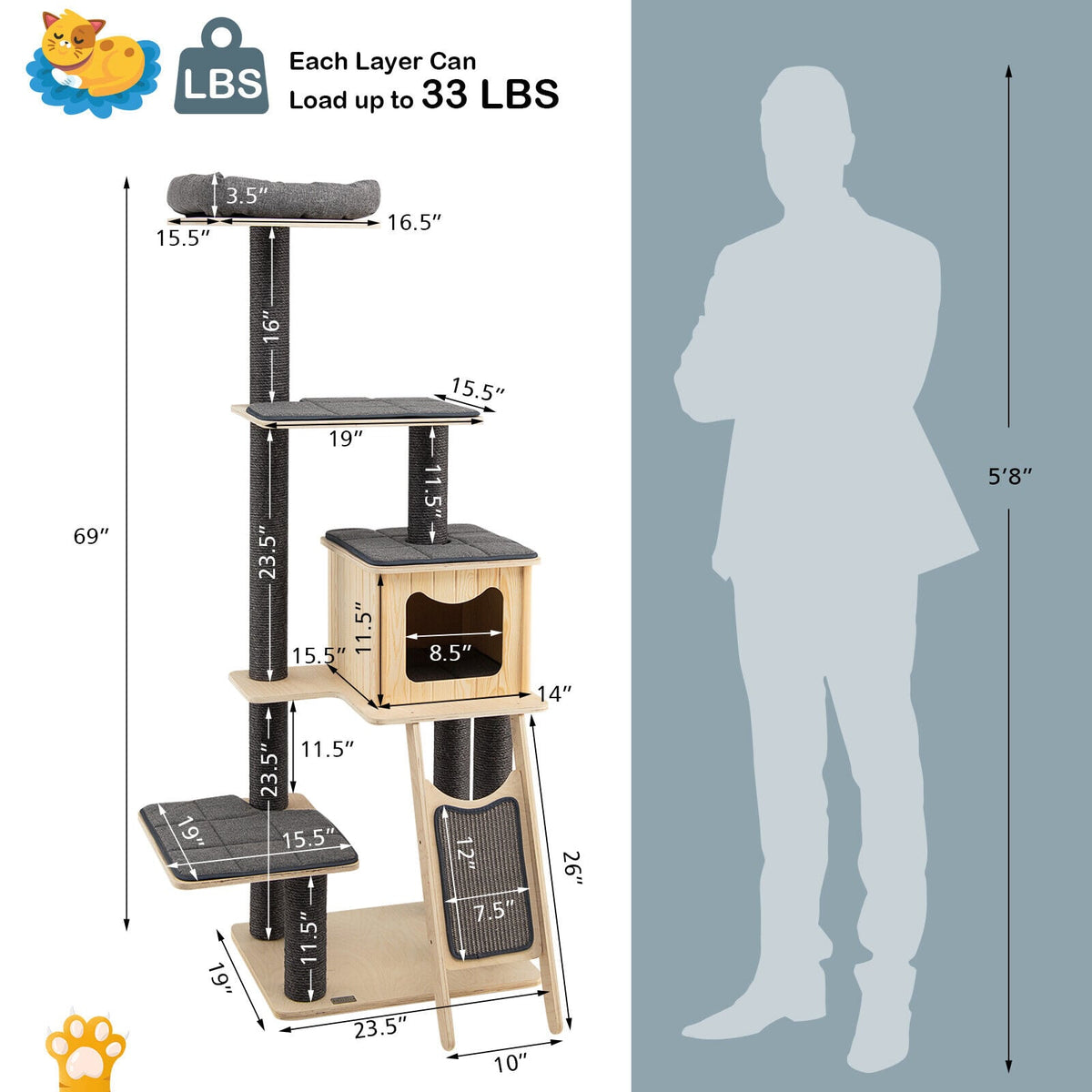 5-Tier Modern Wood Cat Tower with Washable Cushions-Gray-Cat Trees & Scratchers-DECOROLALA