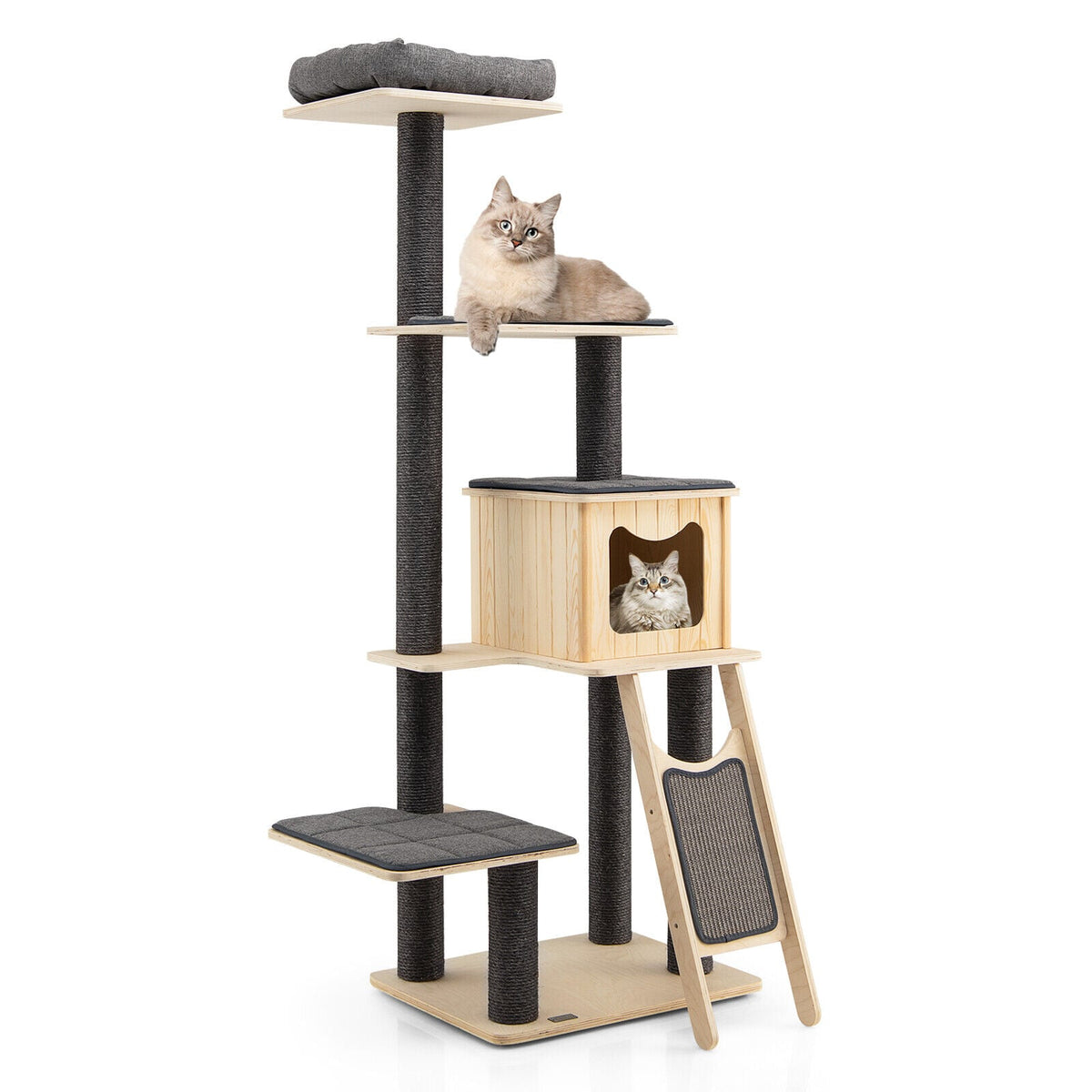 5-Tier Modern Wood Cat Tower with Washable Cushions-Gray-Cat Trees & Scratchers-DECOROLALA