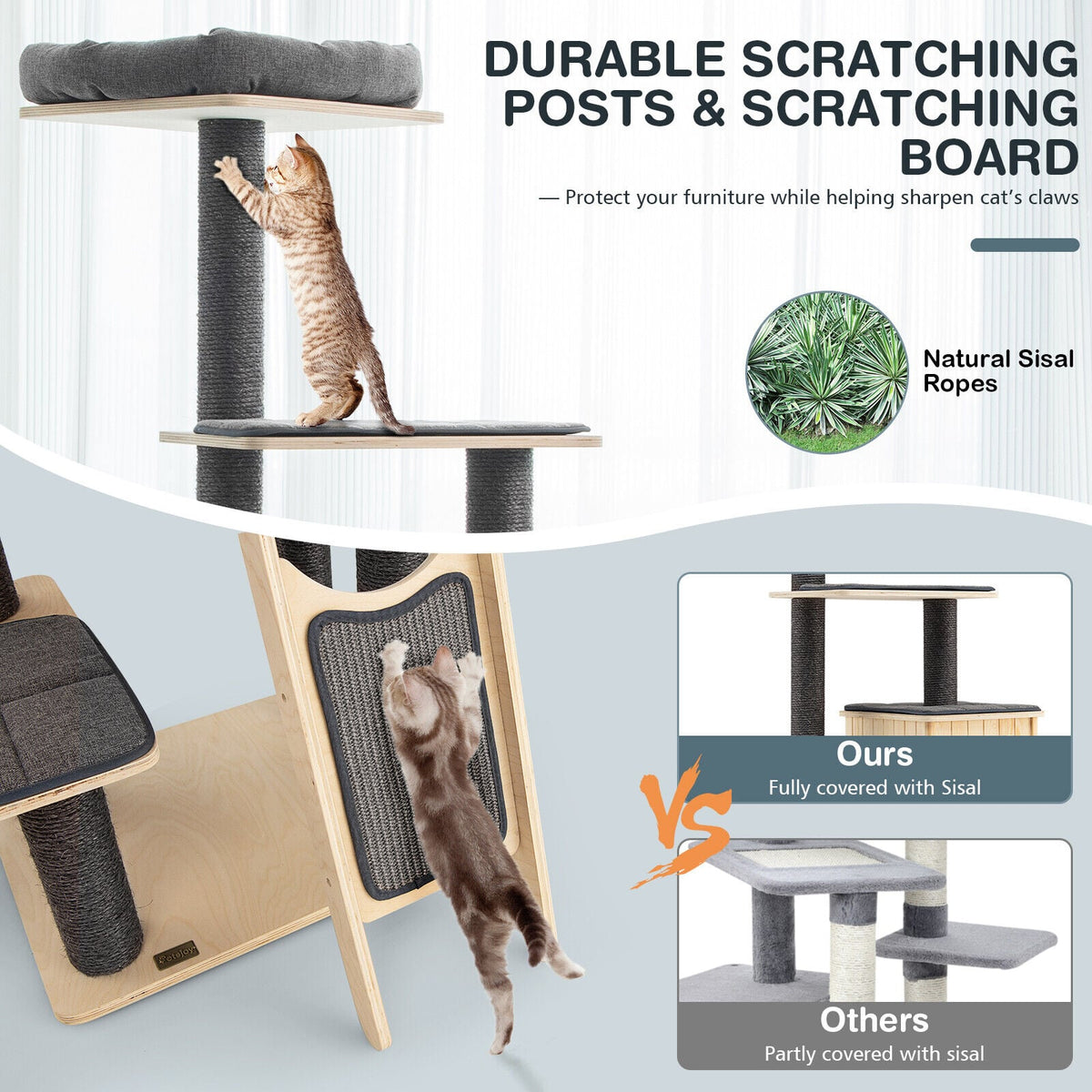 5-Tier Modern Wood Cat Tower with Washable Cushions-Gray-Cat Trees & Scratchers-DECOROLALA