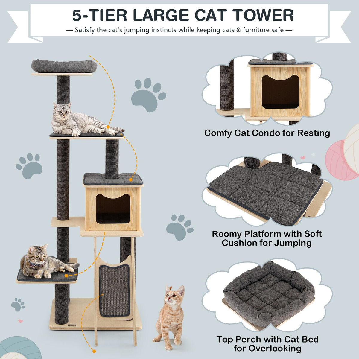 5-Tier Modern Wood Cat Tower with Washable Cushions-Gray-Cat Trees & Scratchers-DECOROLALA