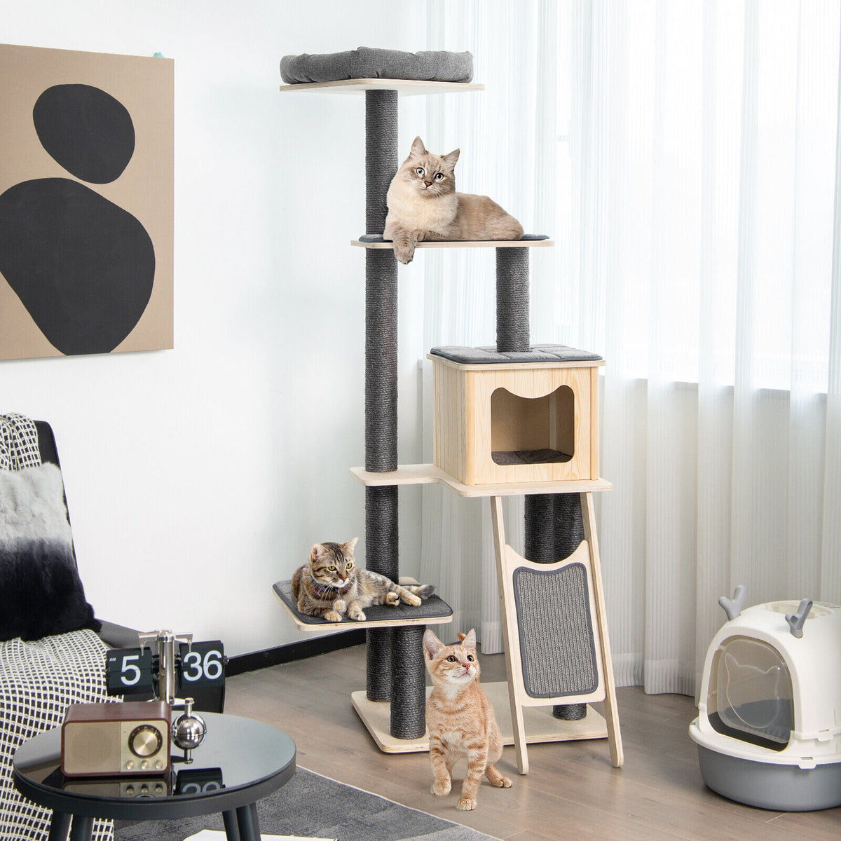 5-Tier Modern Wood Cat Tower with Washable Cushions-Gray-Cat Trees & Scratchers-DECOROLALA