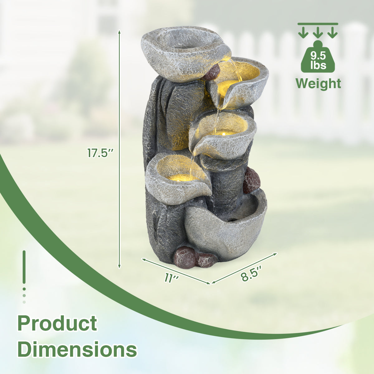 5-Tier Outdoor Water Fountain with LED Lights 17.5 Inch H for Patio Deck-Outdoor Water Fountains-DECOROLALA