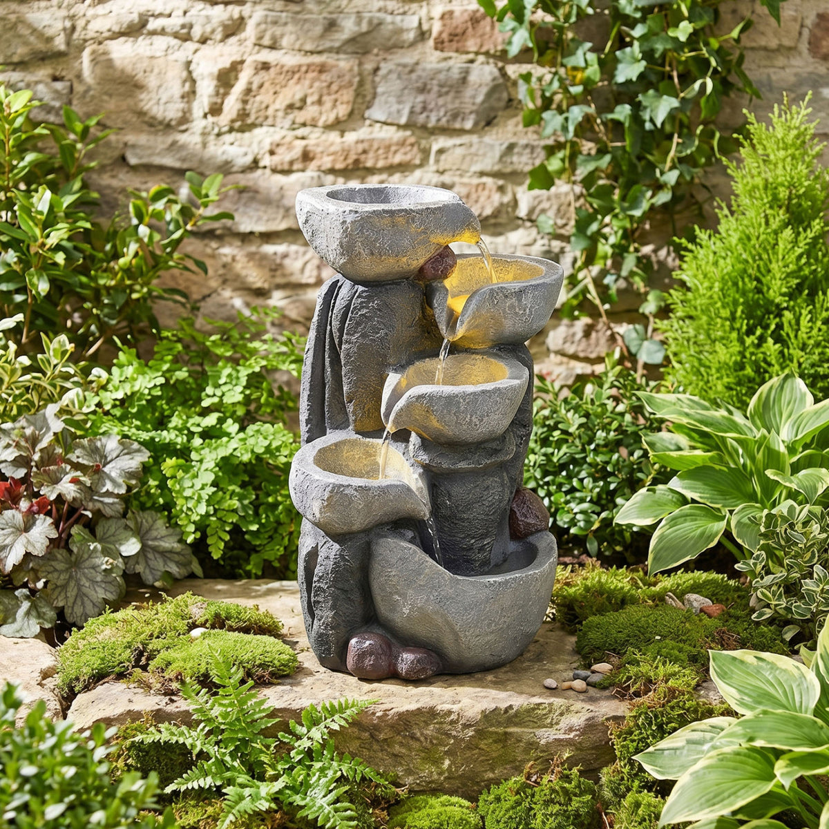 5-Tier Outdoor Water Fountain with LED Lights 17.5 Inch H for Patio Deck-Outdoor Water Fountains-DECOROLALA