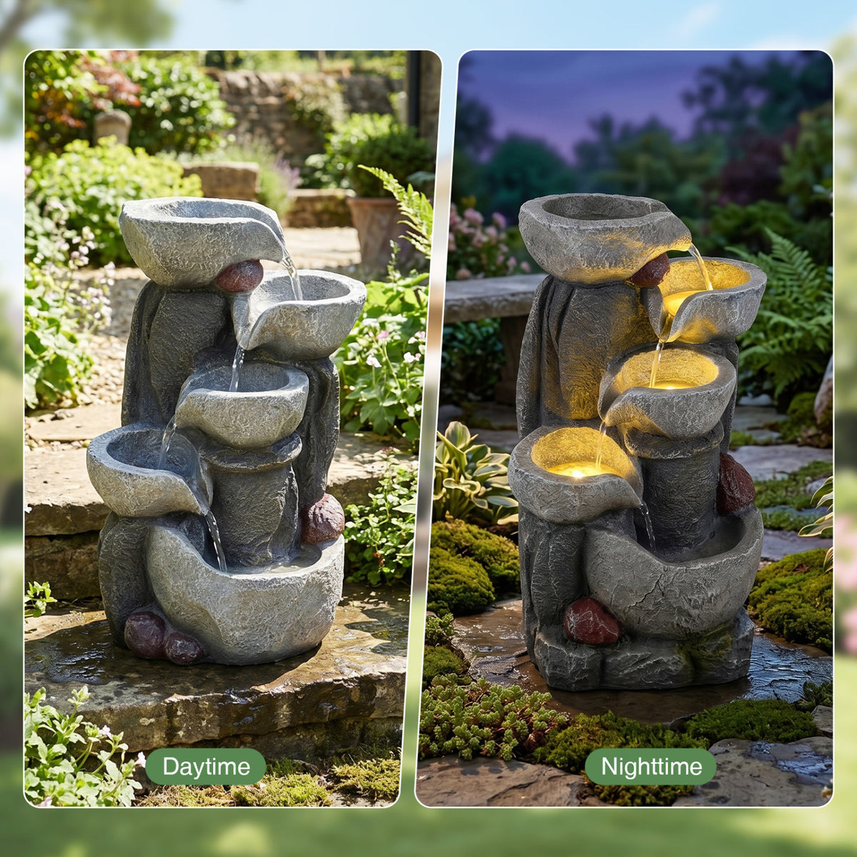5-Tier Outdoor Water Fountain with LED Lights 17.5 Inch H for Patio Deck-Outdoor Water Fountains-DECOROLALA