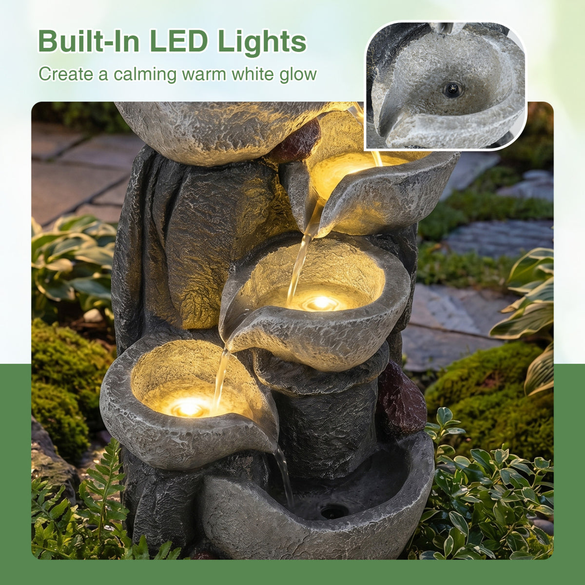 5-Tier Outdoor Water Fountain with LED Lights 17.5 Inch H for Patio Deck-Outdoor Water Fountains-DECOROLALA