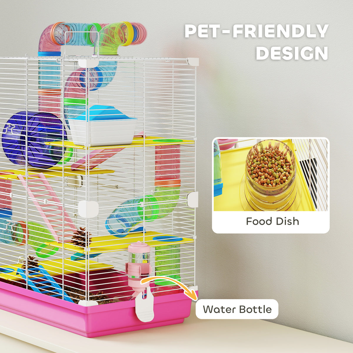 5-Tier Portable Hamster Cage with Exercise Wheel - Pink-Small Animals-DECOROLALA