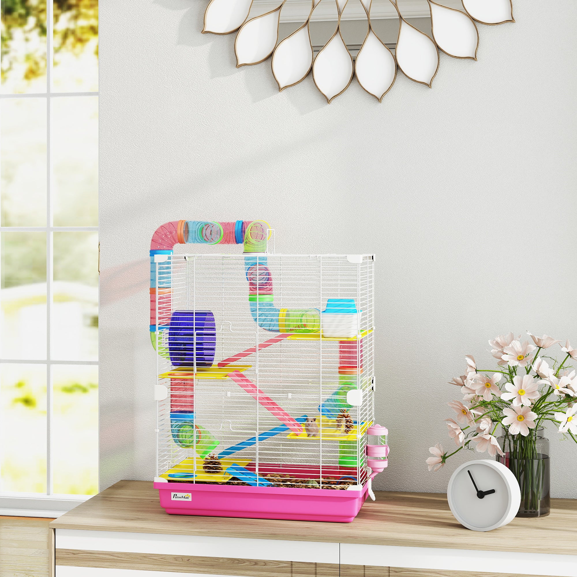 5-Tier Portable Hamster Cage with Exercise Wheel - Pink-Small Animals-DECOROLALA