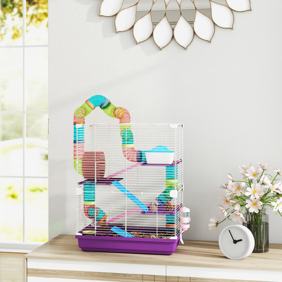 5-Tier Portable Hamster Cage with Exercise Wheel and Tubes - Purple-Small Animals-DECOROLALA