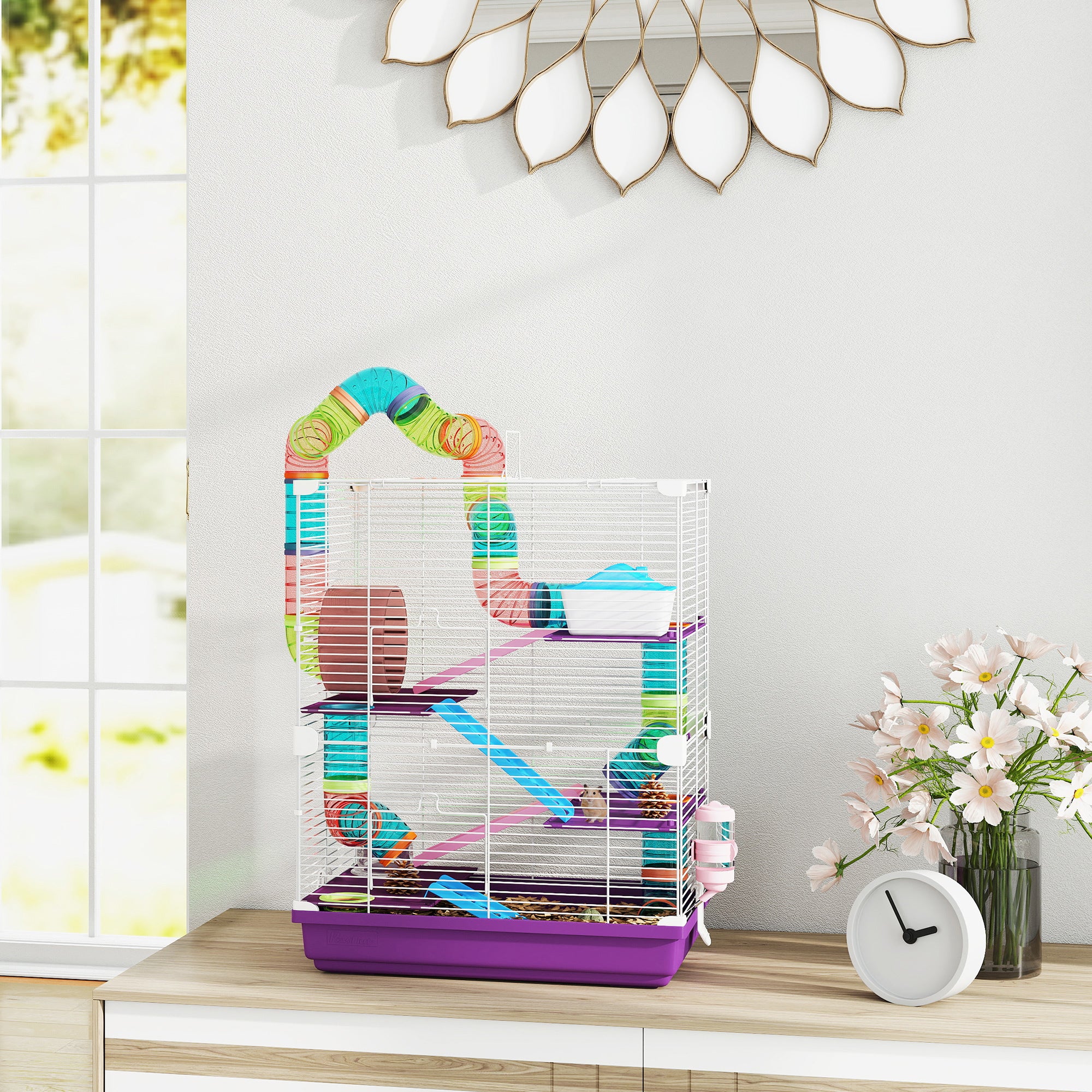 5-Tier Portable Hamster Cage with Exercise Wheel and Tubes - Purple-Small Animals-DECOROLALA