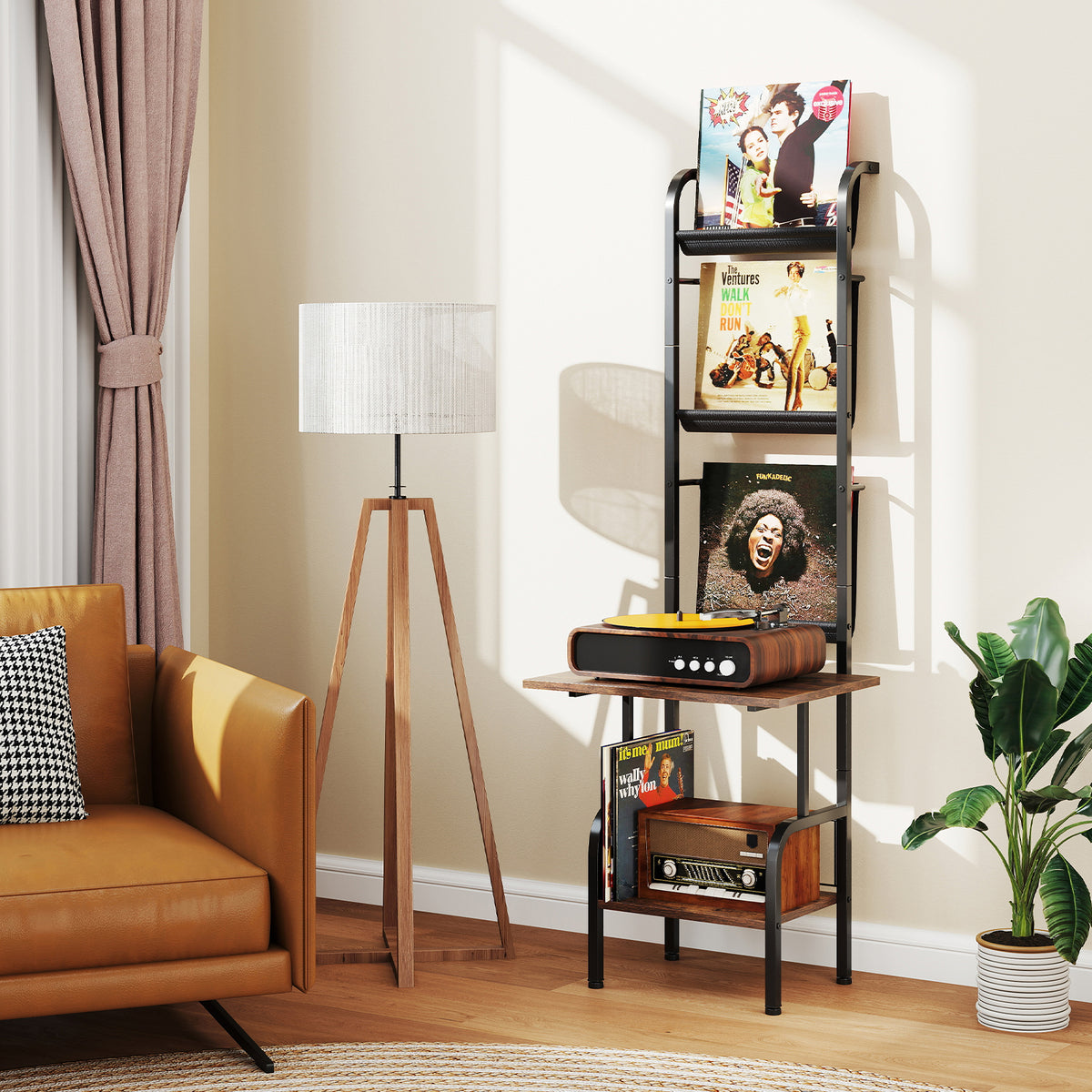 5-Tier Record Player Stand with Vinyl Display Shelf and Record Holder-Rustic Brown-End & Side Tables-DECOROLALA