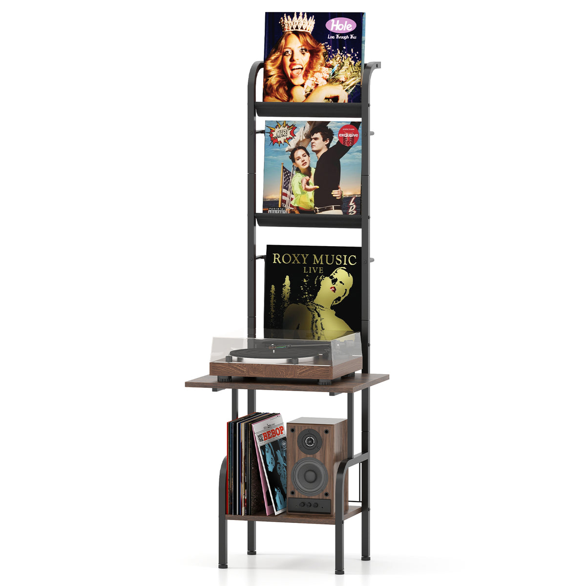 5-Tier Record Player Stand with Vinyl Display Shelf and Record Holder-Rustic Brown-End & Side Tables-DECOROLALA