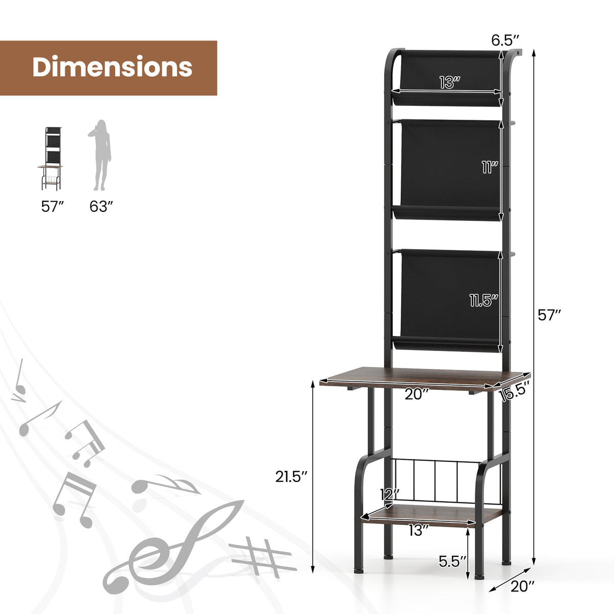 5-Tier Record Player Stand with Vinyl Display Shelf and Record Holder-Rustic Brown-End & Side Tables-DECOROLALA