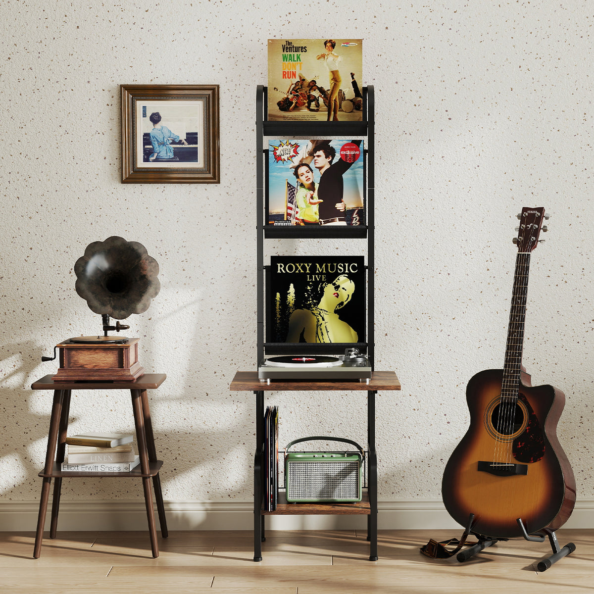 5-Tier Record Player Stand with Vinyl Display Shelf and Record Holder-Rustic Brown-End & Side Tables-DECOROLALA