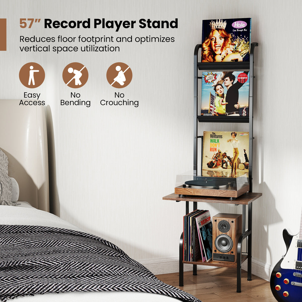 5-Tier Record Player Stand with Vinyl Display Shelf and Record Holder-Rustic Brown-End & Side Tables-DECOROLALA