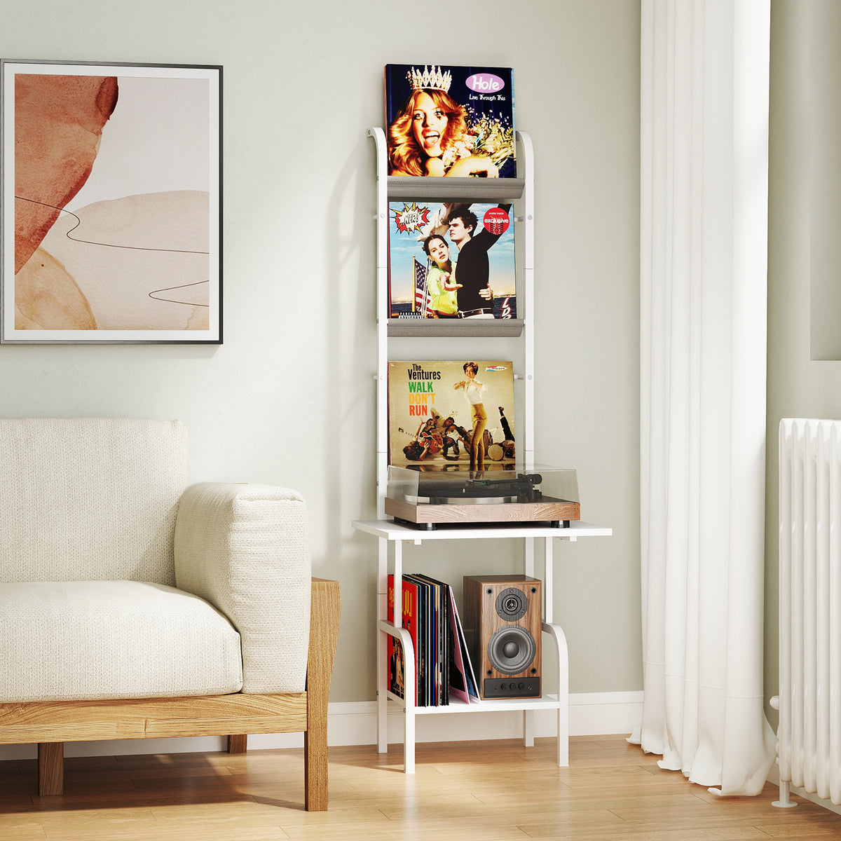 5-Tier Record Player Stand with Vinyl Display Shelf and Record Holder-White-End & Side Tables-DECOROLALA