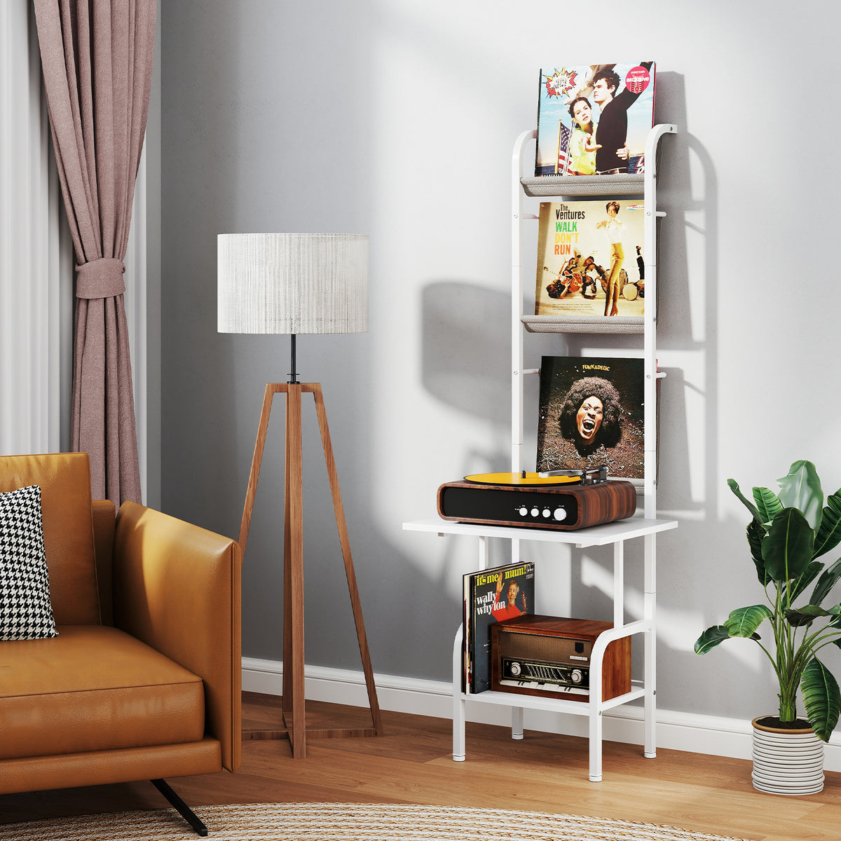 5-Tier Record Player Stand with Vinyl Display Shelf and Record Holder-White-End & Side Tables-DECOROLALA
