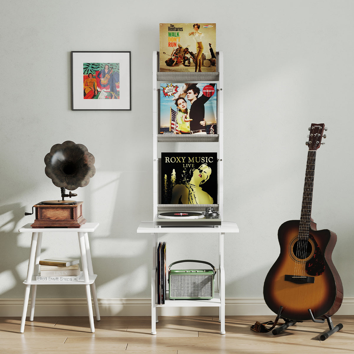 5-Tier Record Player Stand with Vinyl Display Shelf and Record Holder-White-End & Side Tables-DECOROLALA