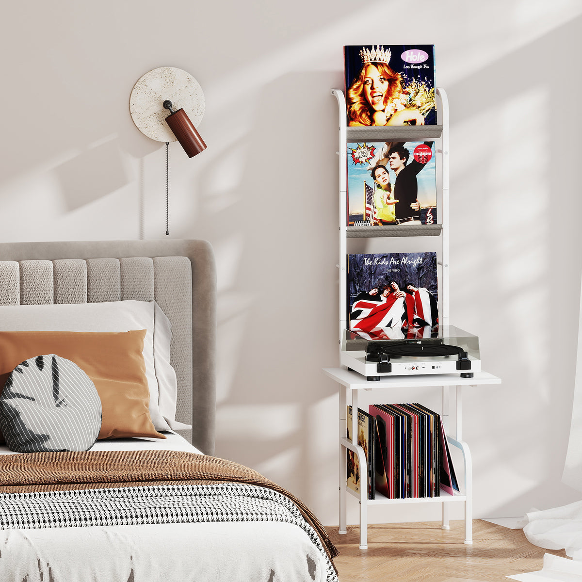 5-Tier Record Player Stand with Vinyl Display Shelf and Record Holder-White-End & Side Tables-DECOROLALA