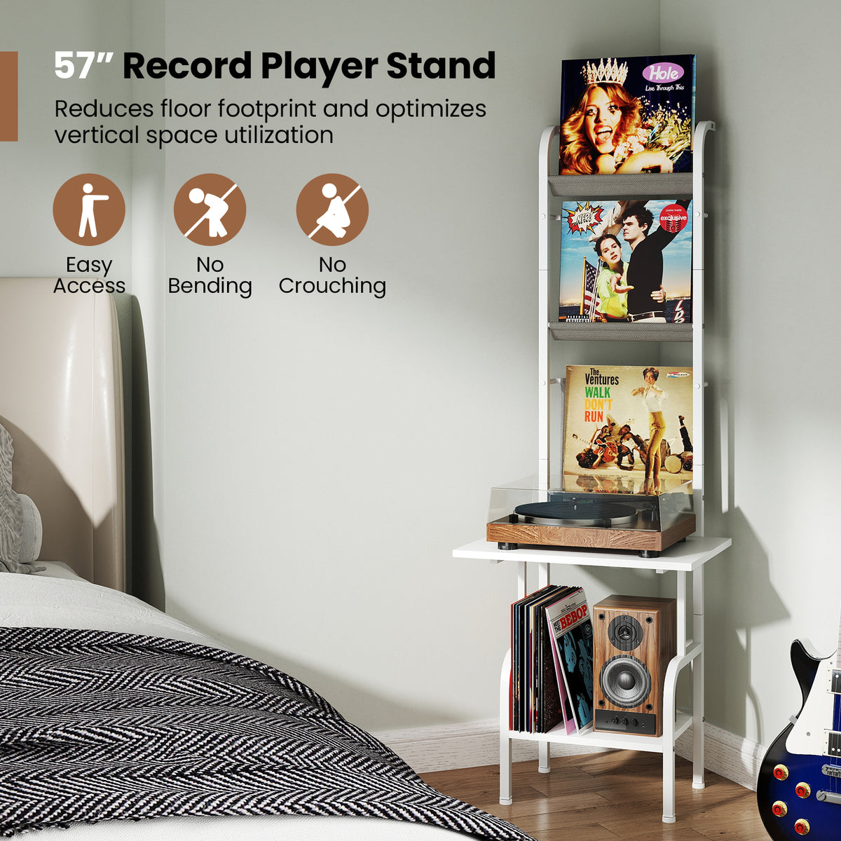 5-Tier Record Player Stand with Vinyl Display Shelf and Record Holder-White-End & Side Tables-DECOROLALA