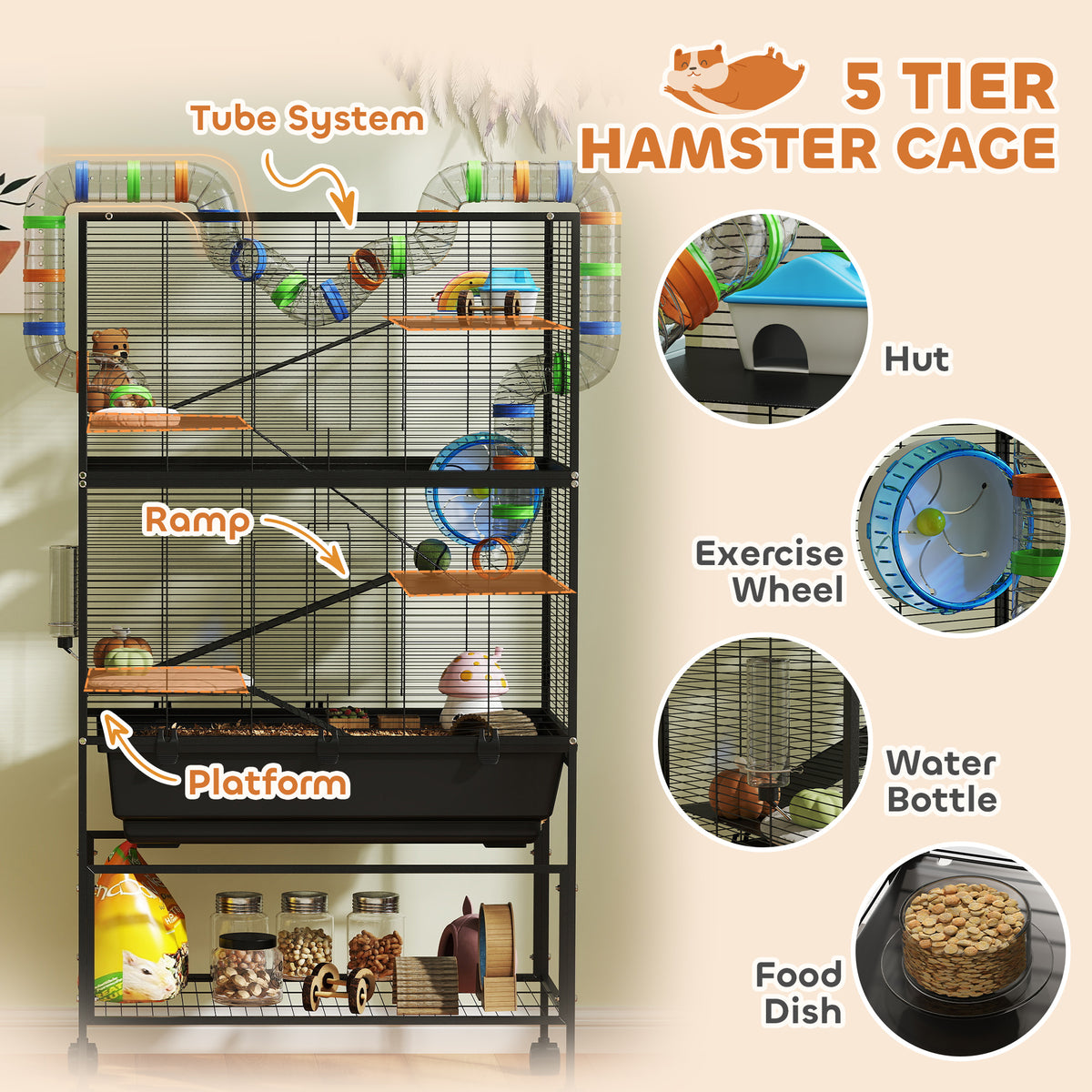 5-Tier Rolling Hamster Cage - Black 59" Large Small Animal Habitat-Small Animals-DECOROLALA
