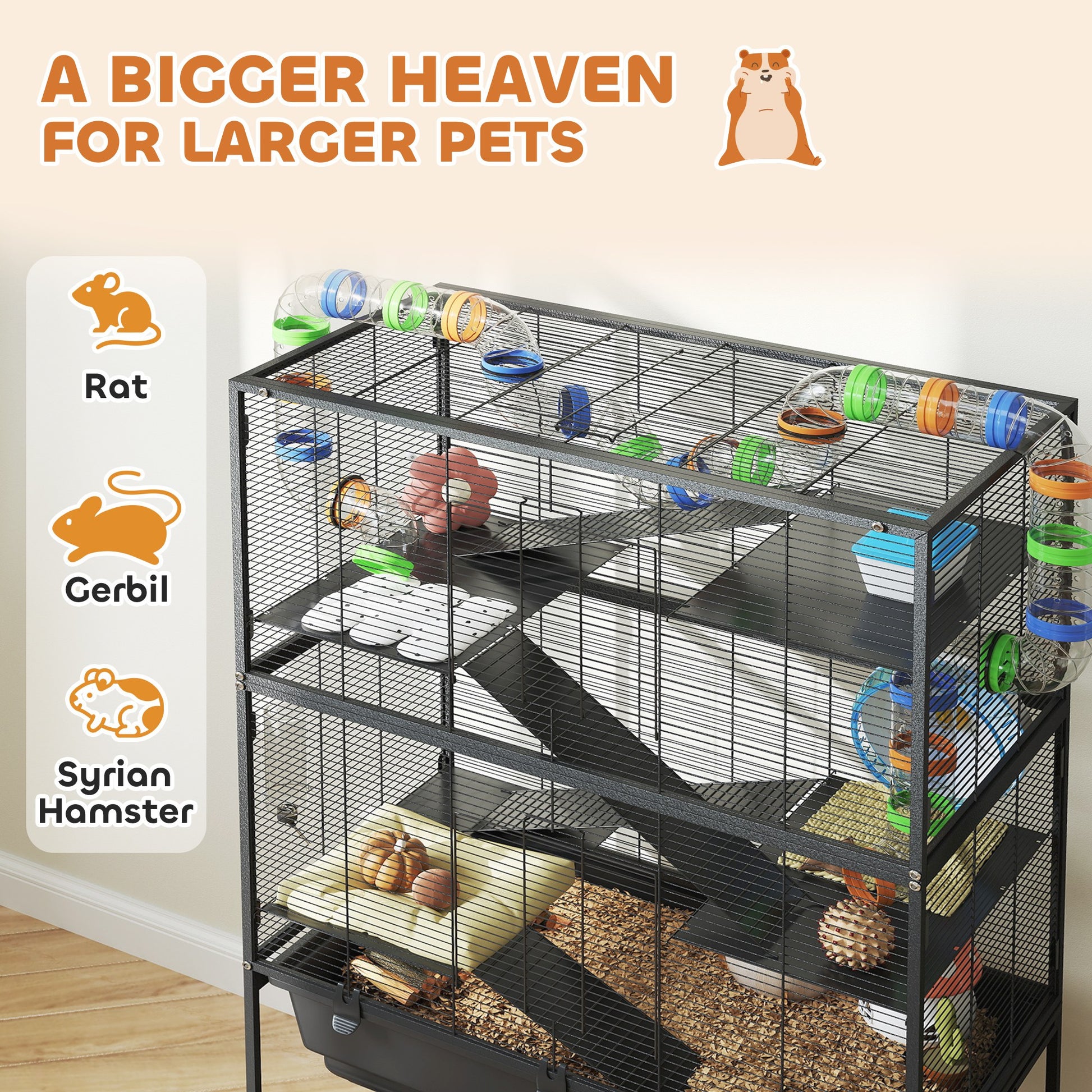 5-Tier Rolling Hamster Cage with Storage Shelf - Black-DECOROLALA