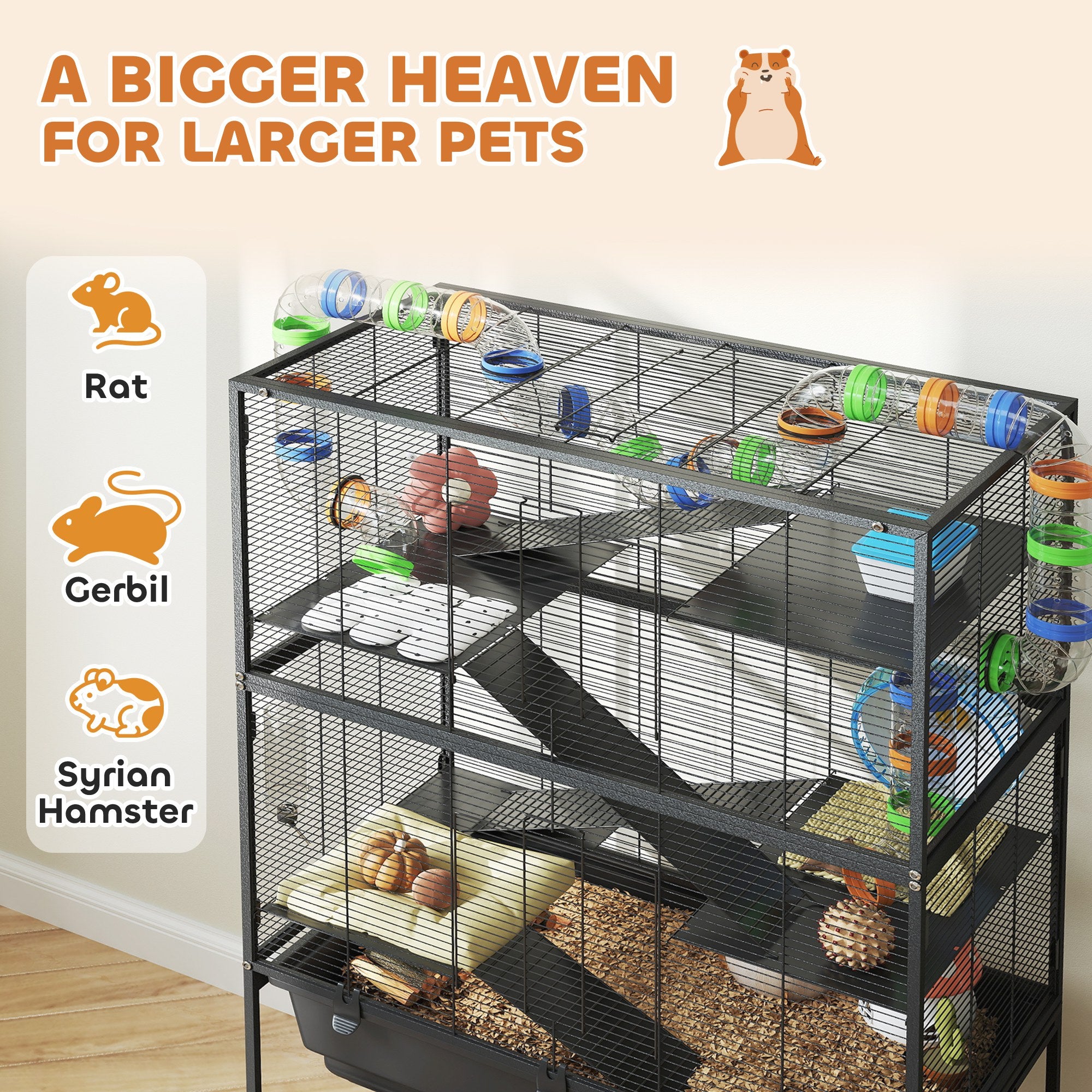5-Tier Rolling Hamster Cage with Storage Shelf - Black-DECOROLALA