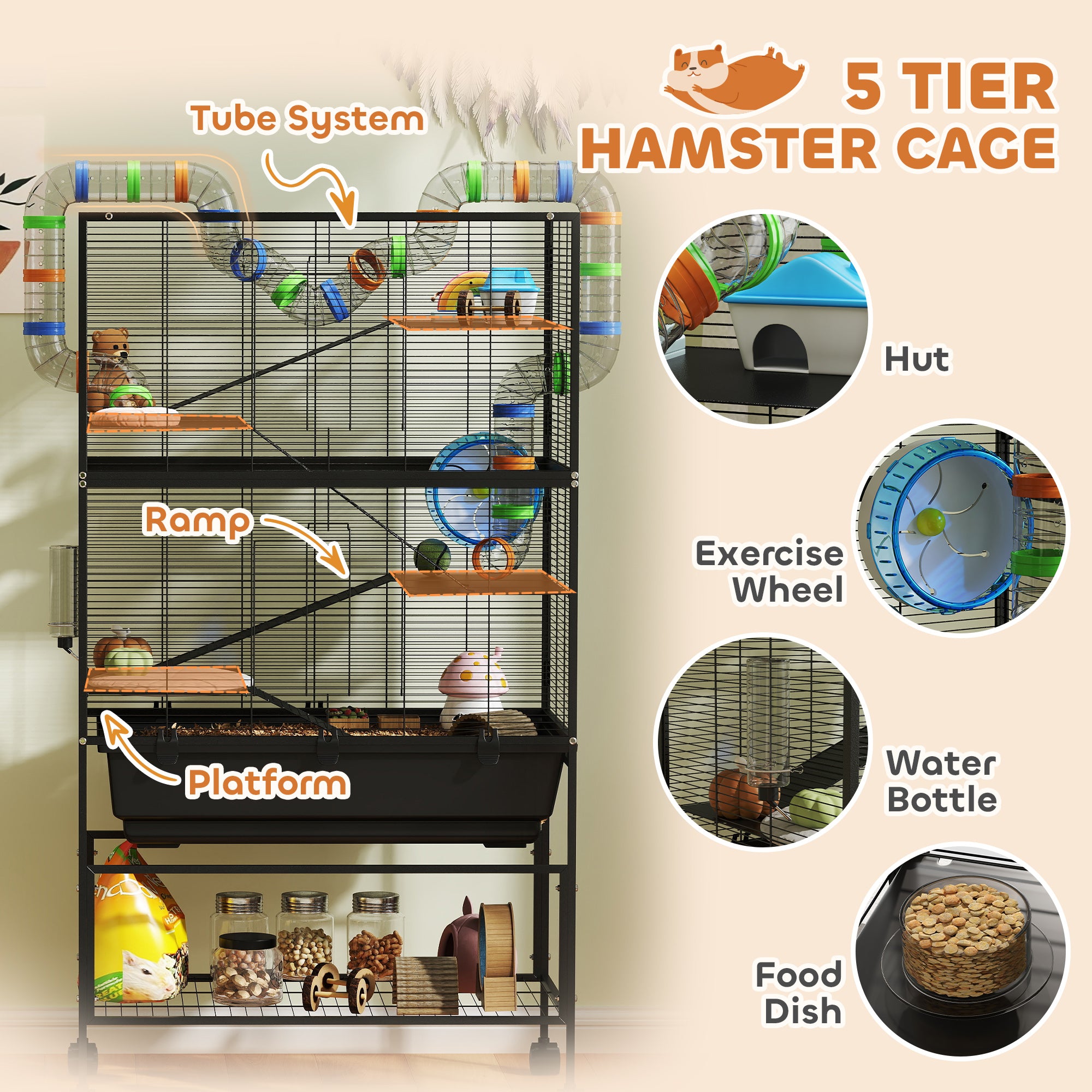 5-Tier Rolling Hamster Cage with Storage Shelf - Black-DECOROLALA